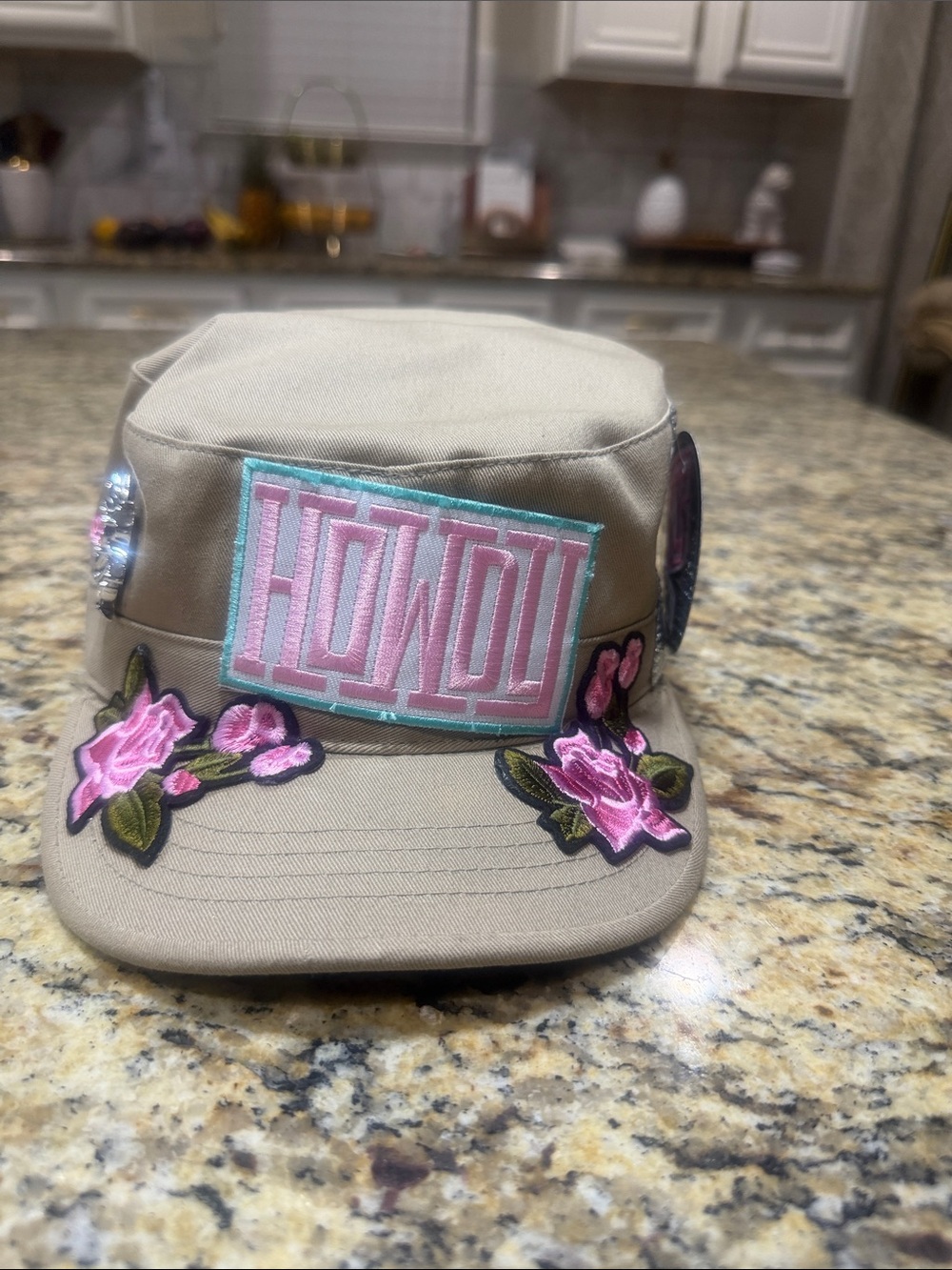 Embroidered Beige Military Cap with Pink Floral Accents